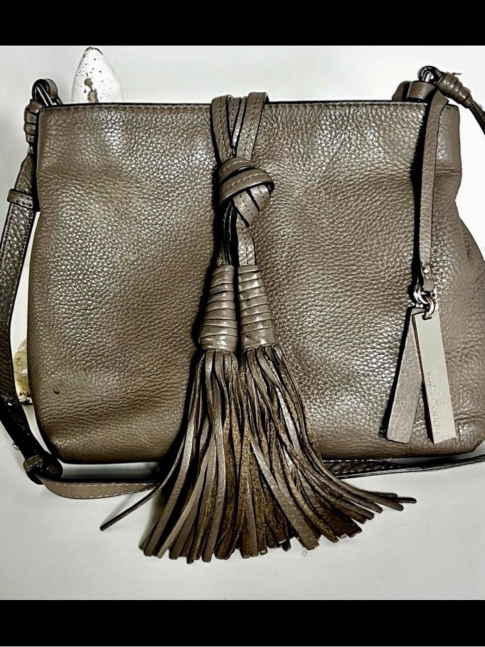 Vince Camuto Taro Hobo Leather Crossbody Slouch Bag Stone Gray Boho Southwestern